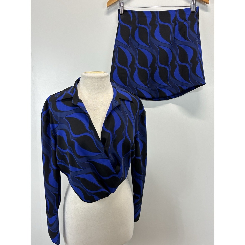 Zara 2 Pc Mini Skirt Crop Top Set Sz Small Women's Blue black Co-ord Retro Gogo